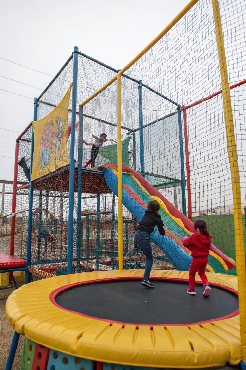 An exciting enclosed play paradise surrounding a trampoline.