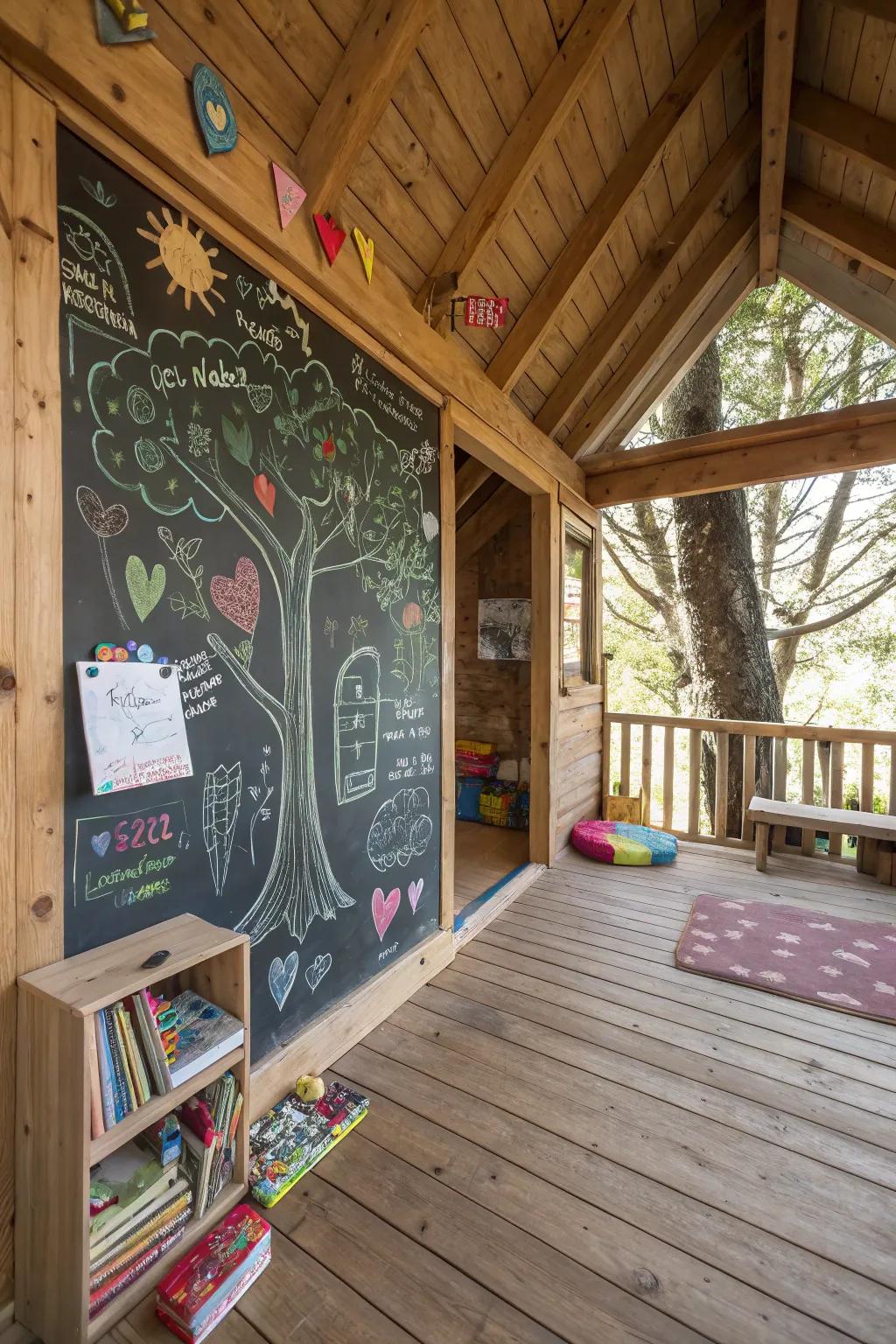 A creative chalkboard wall in a treehouse, featuring colorful drawings and messages.