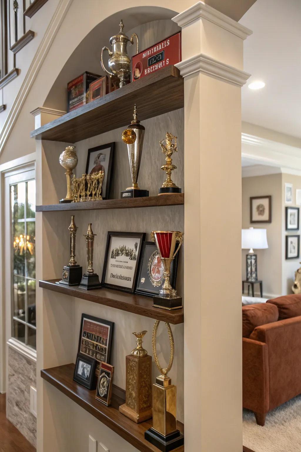 Ornamental touches on trophy shelves