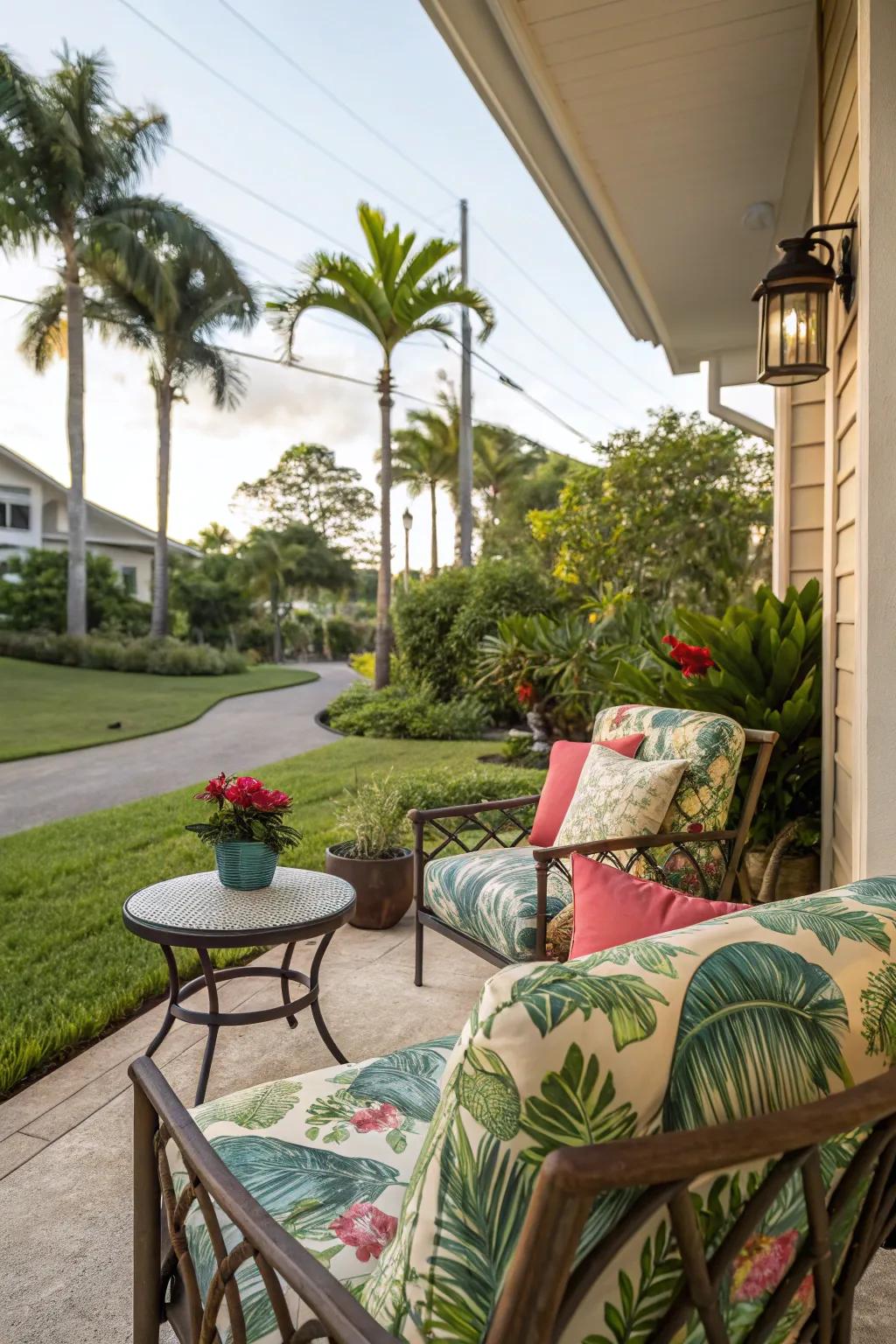 Tropical-themed fabrics contribute a splash of fun to outdoor decor.