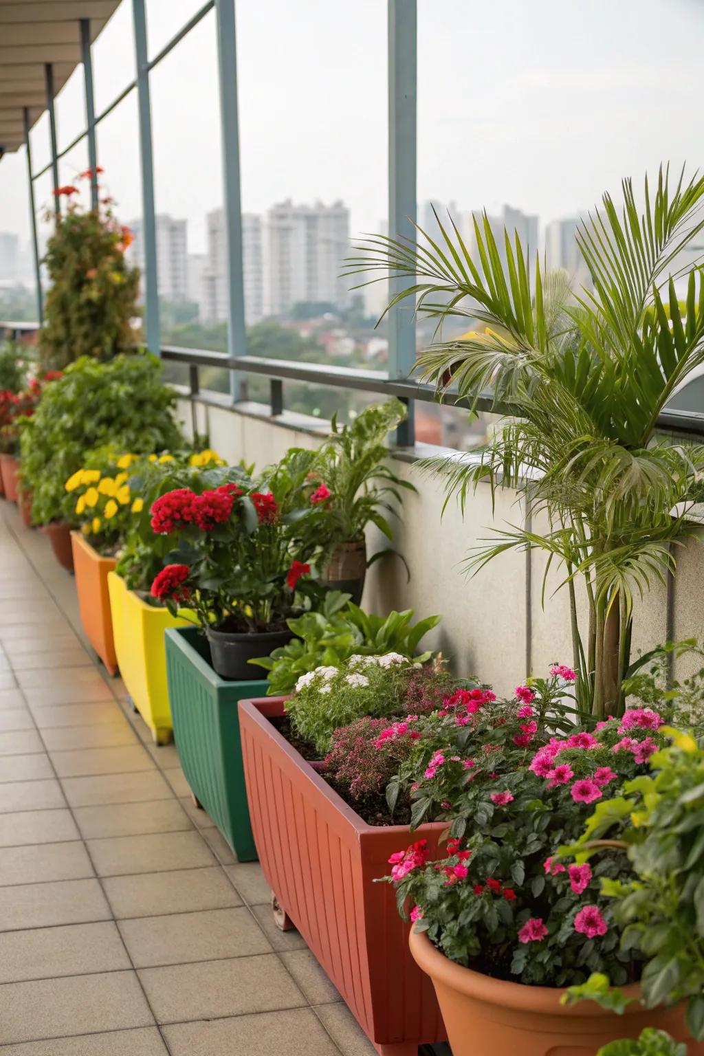 Brighten your balcony with colorful containers for a playful touch.