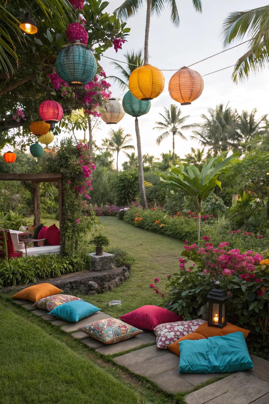 Colorful accents enhancing the vibrancy of the tropical garden.