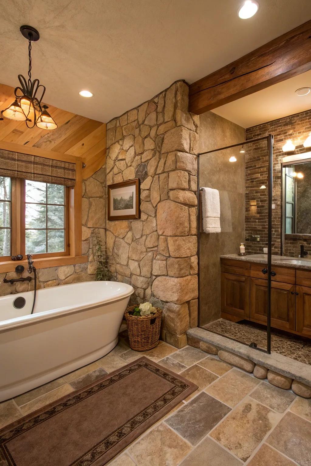 Country stone components introduce earthy charm to a modern-day tub-in-shower configuration.