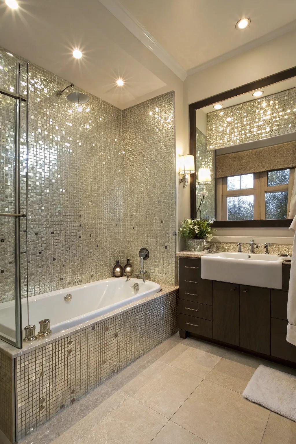 Reflective tiling adds sparkle to this bathroom design.