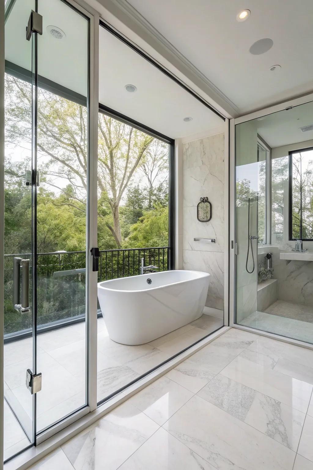 Full height glass panels establish a sleek, modern style.