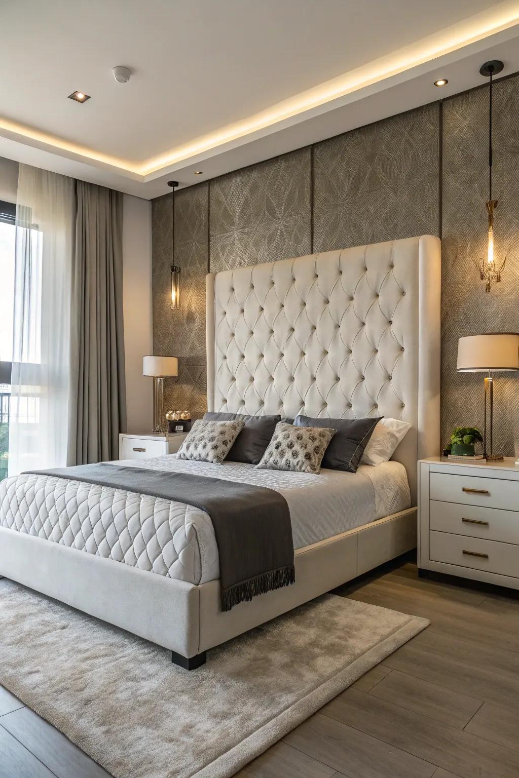 A contemporary bedroom highlights a monochrome tufted headboard.