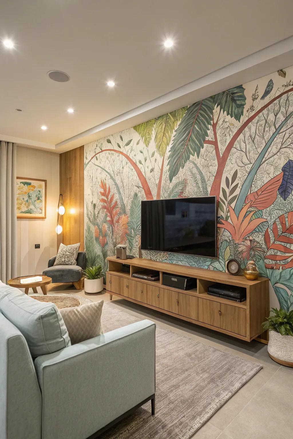 An creative wall art creates a captivating backdrop for this TV wall.