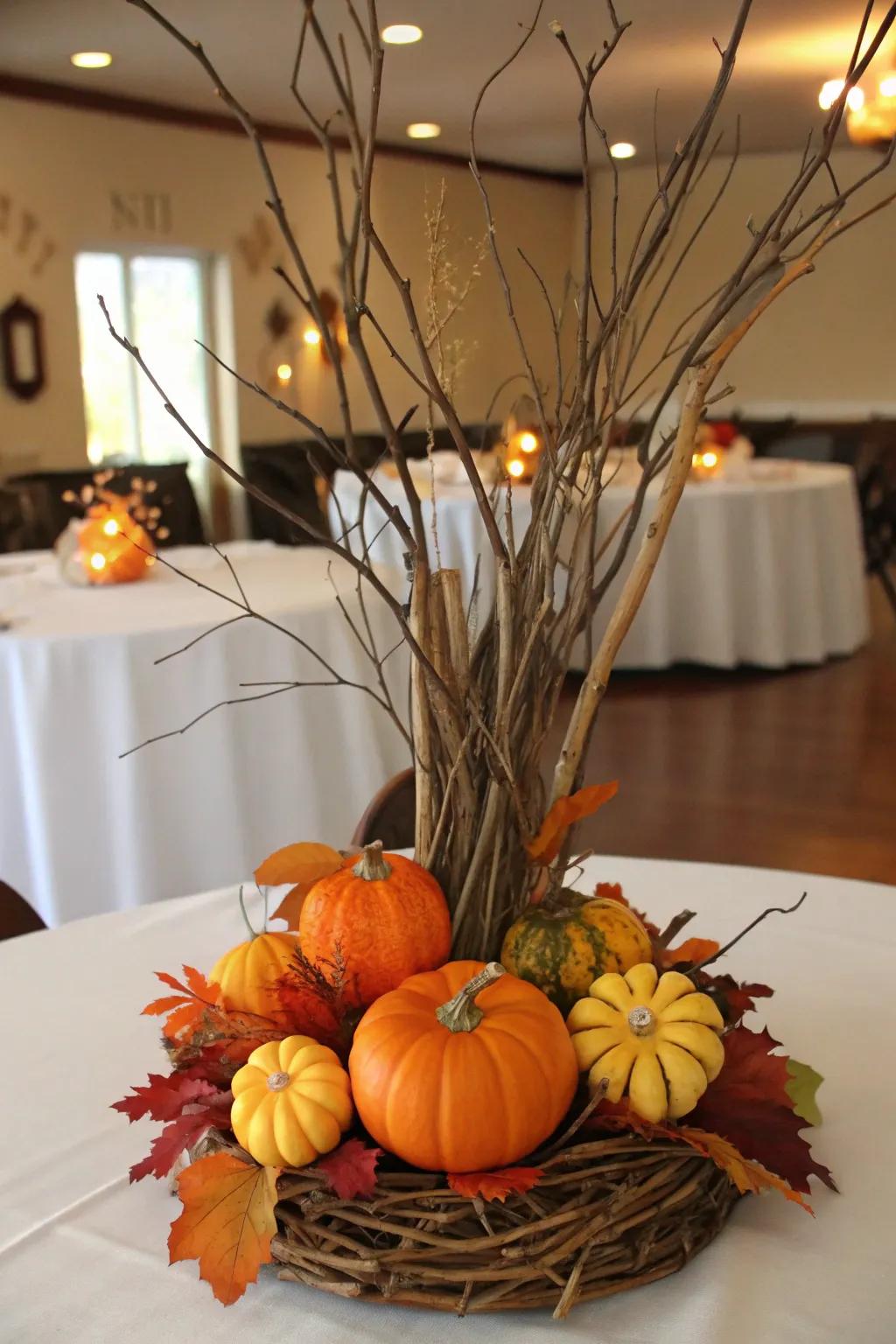 A charming autumnal centerpiece with twigs and gourds.