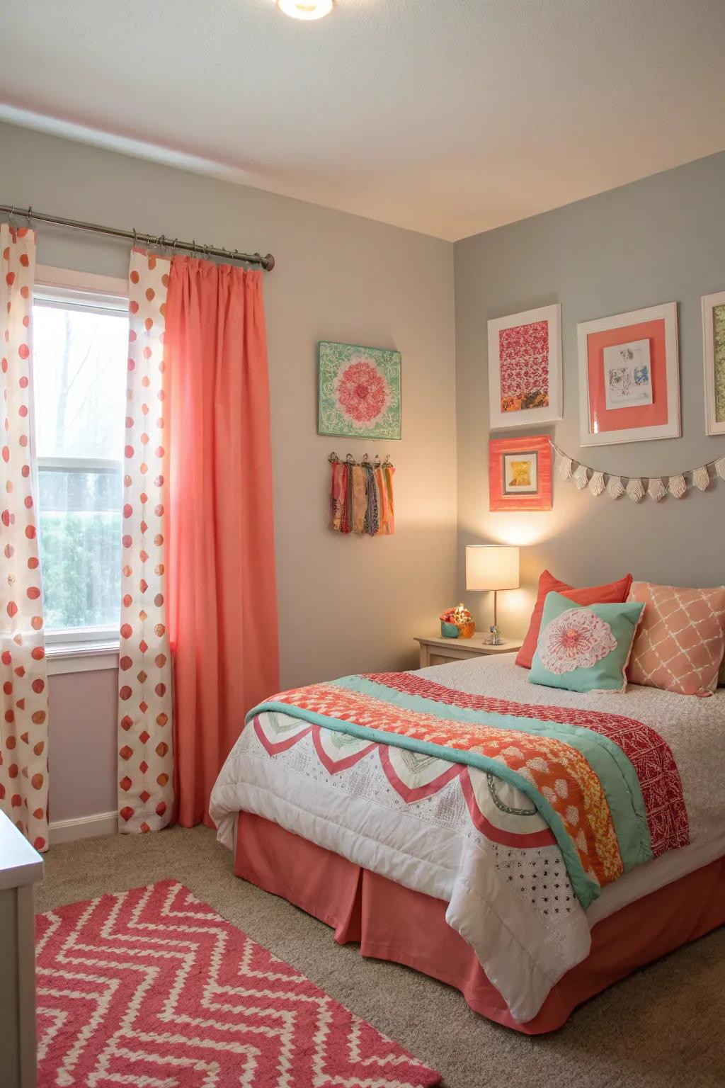 A vibrant bedroom featuring coral and light gray walls, harmonizing color and calm.