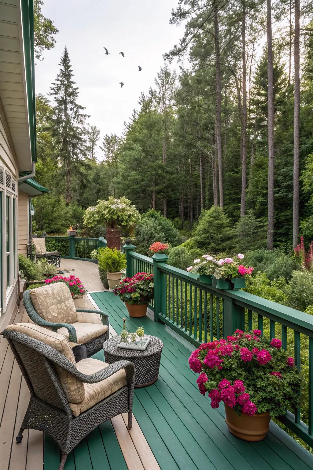 Jewel green and taupe bring a lush and sophisticated touch to your deck.