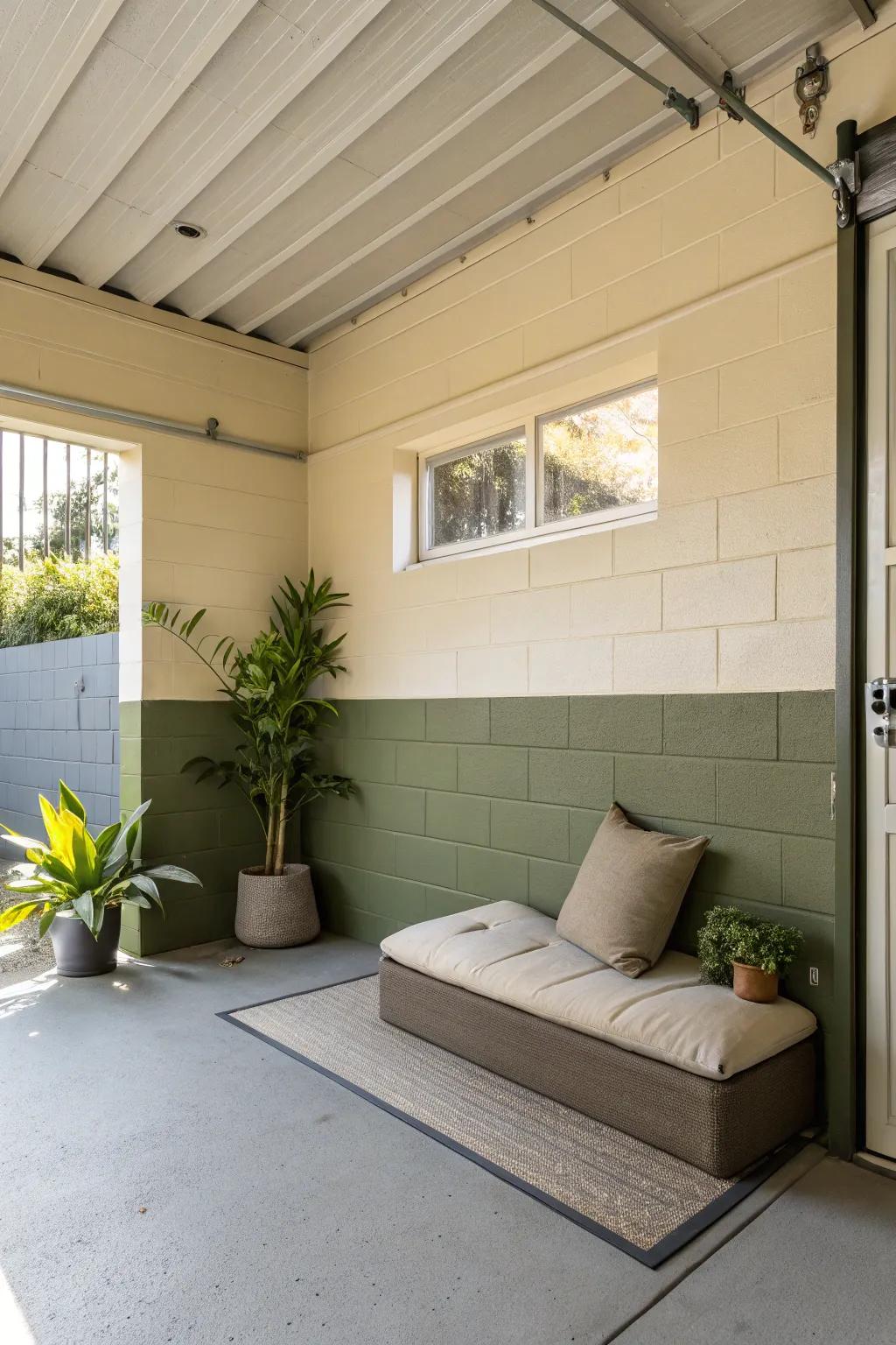 Cream and olive cultivate a sophisticated, serene garage atmosphere.