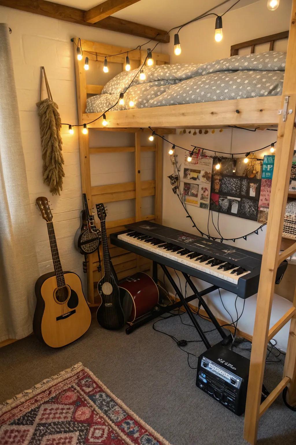 A creative melodic nook beneath the bunk bed.