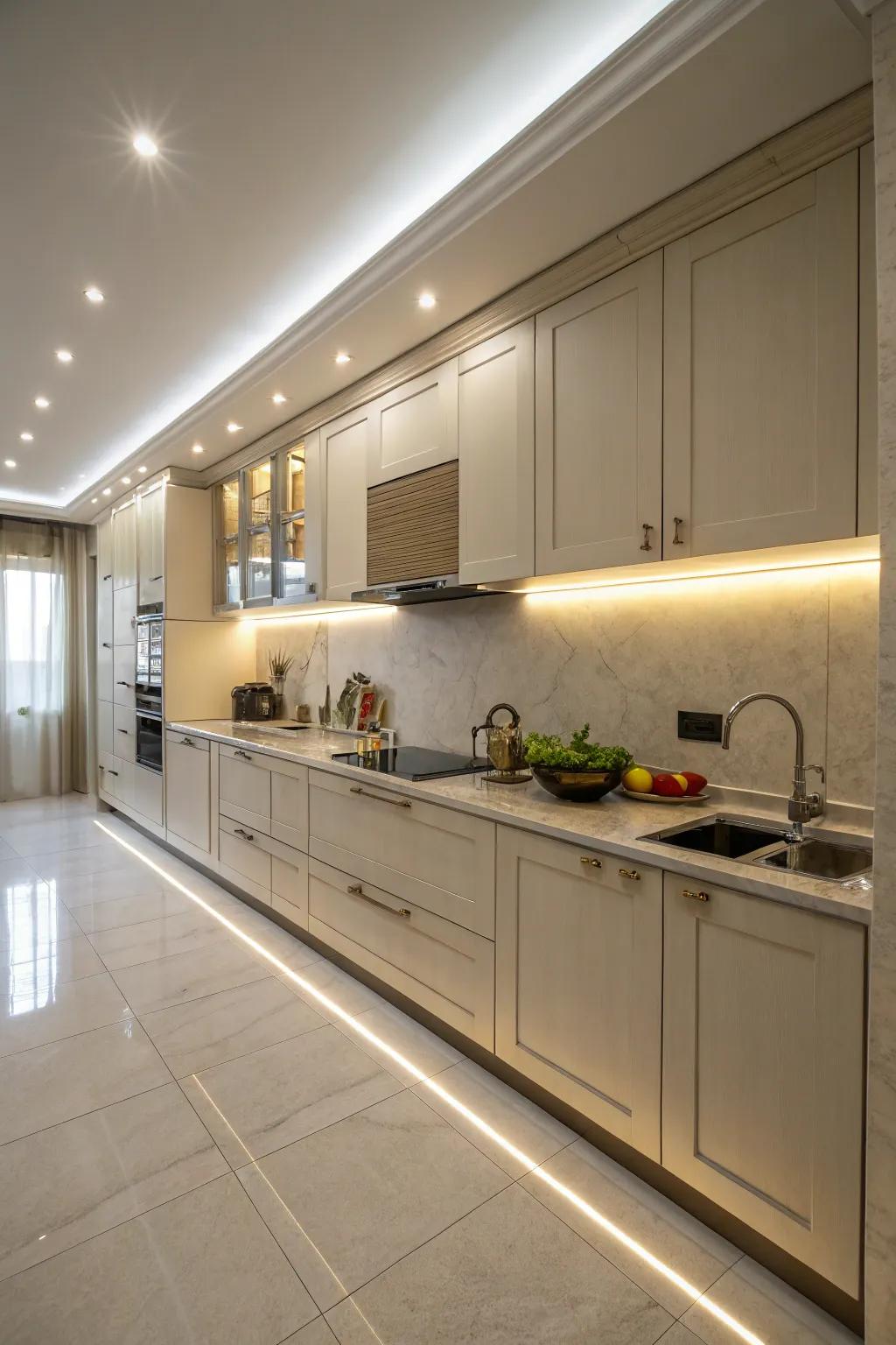 Linear lights provide a consistent radiance, enhancing kitchen workspaces.