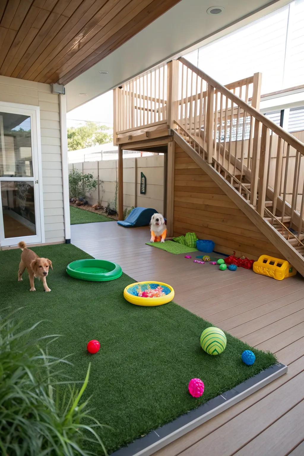 A snug pet zone beneath the deck, equipped with artificial turf and toys.