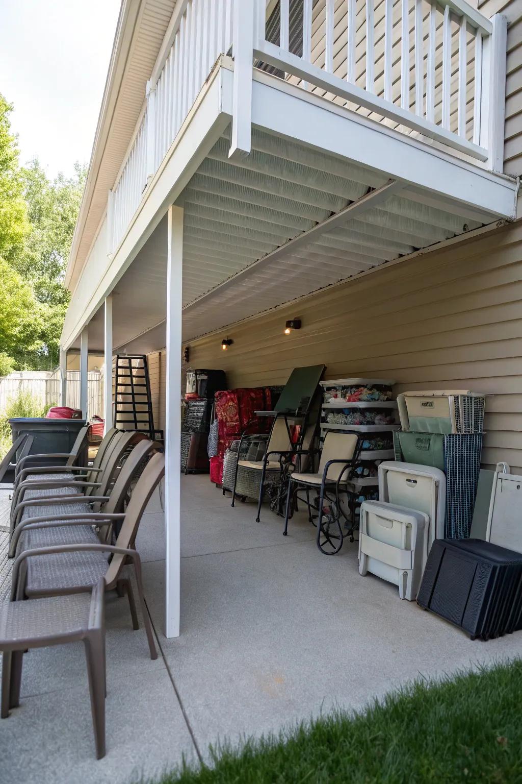 To keep your outdoor space tidy, store patio furniture under the deck.