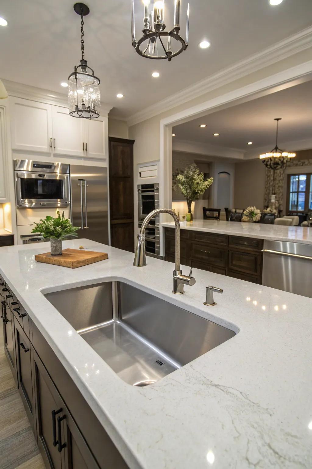 A deep basin undermount sink, ideally designed for accommodating bulky cookware.