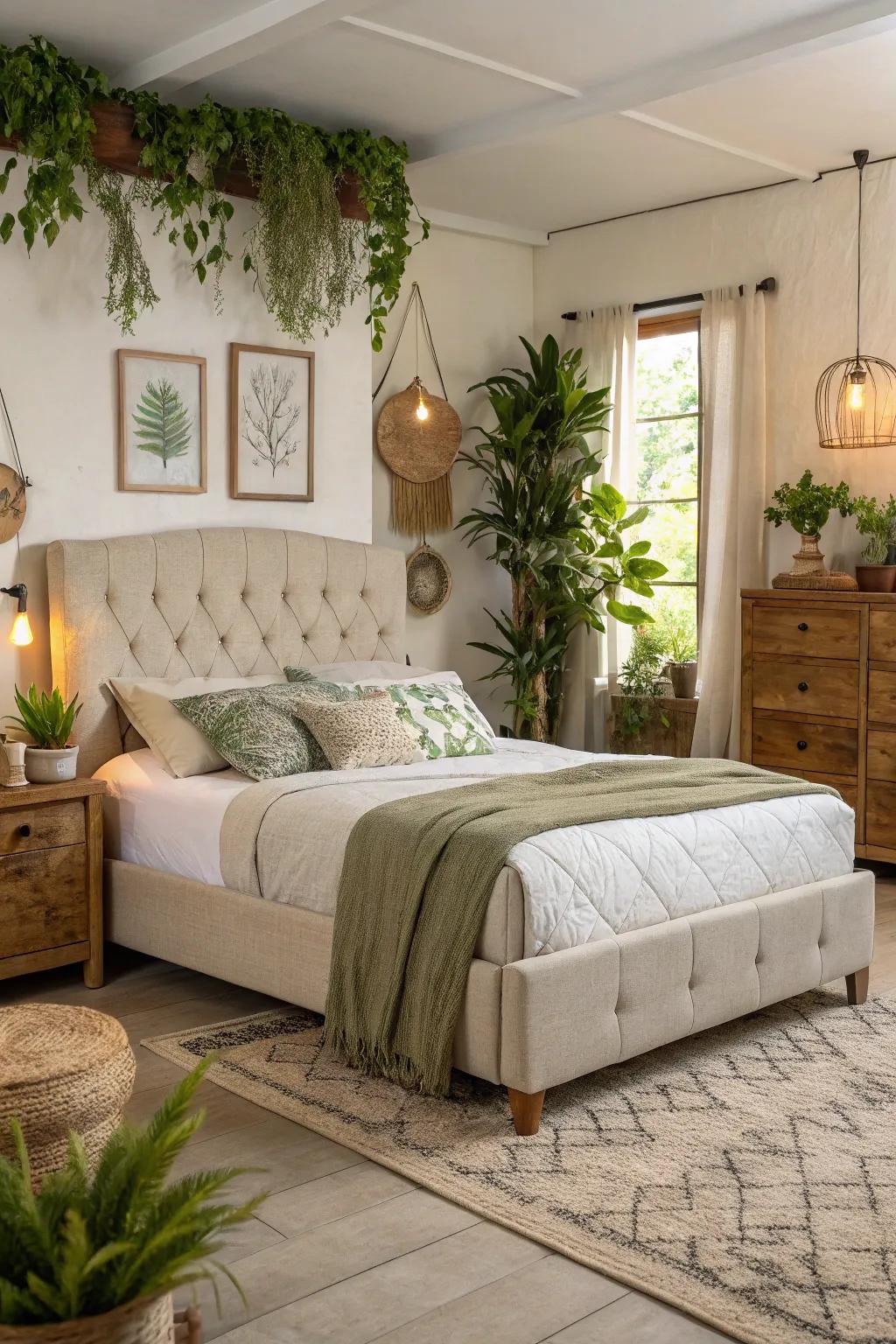 This bedroom is both stylish and environmentally responsible because to the sustainable materials.