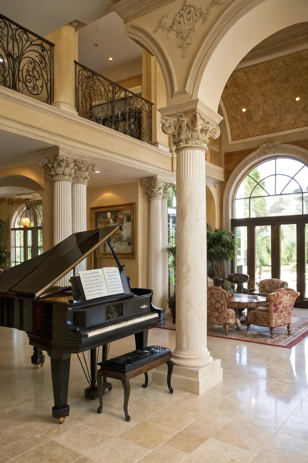 A grand living space highlighting an upright piano with decorative moldings and columns.