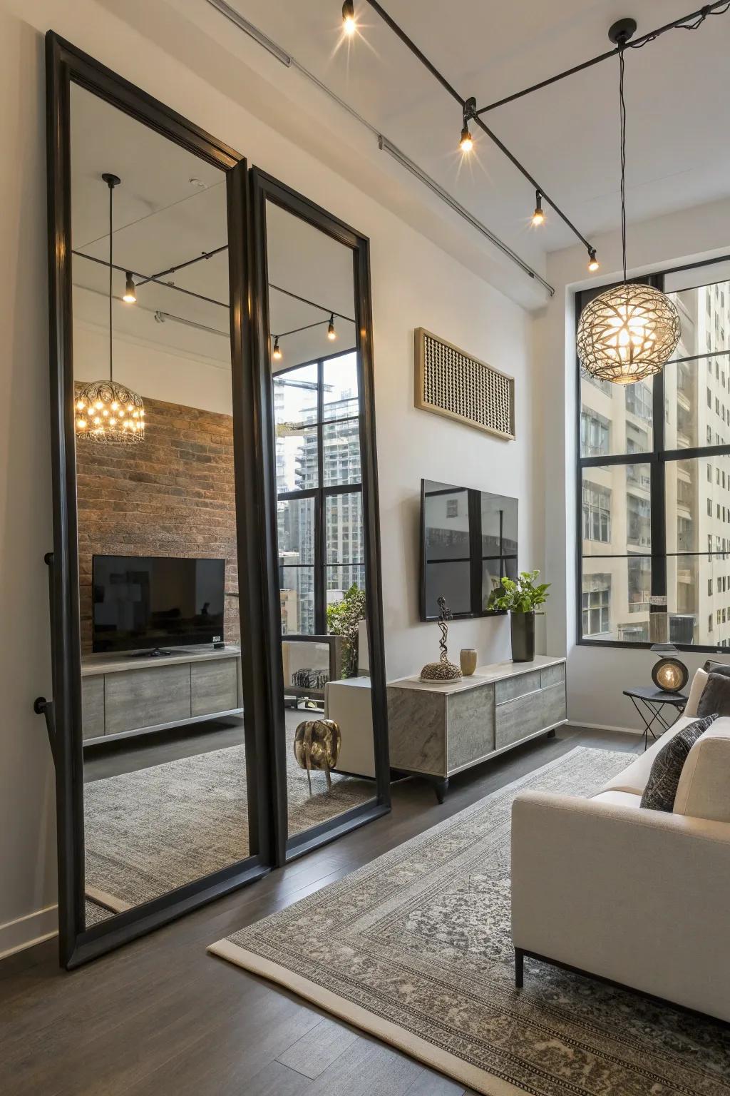 Mirrors with industrial frames enhance illumination and space.