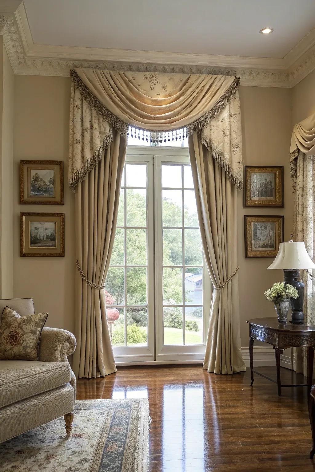 A sophisticated living room featuring a window with a neutral-colored valance.