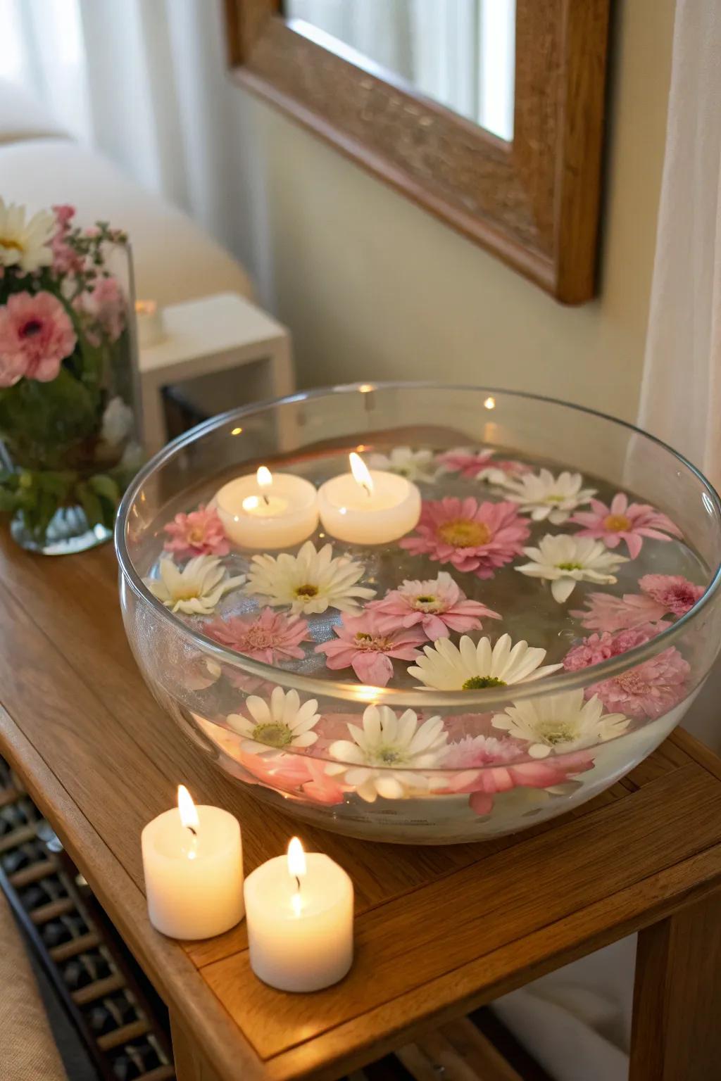 Bloom immersion in an ornamental glass bowl.