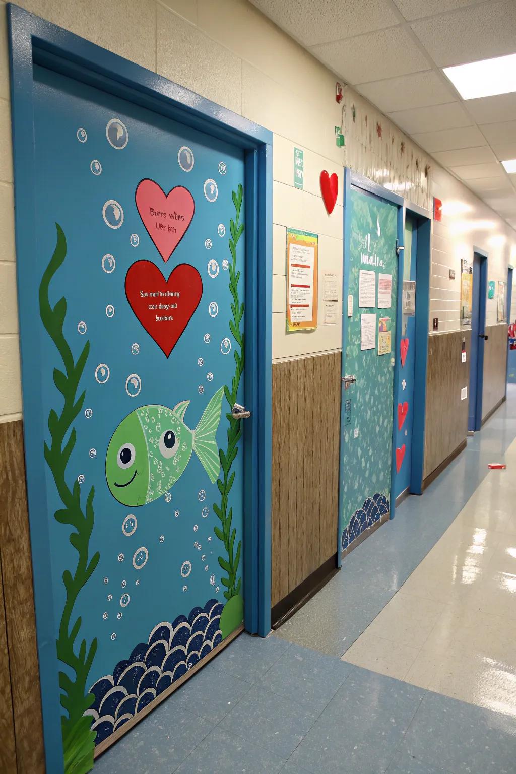 A playful learning space door using an ocean theme, displaying heart-contoured fish.