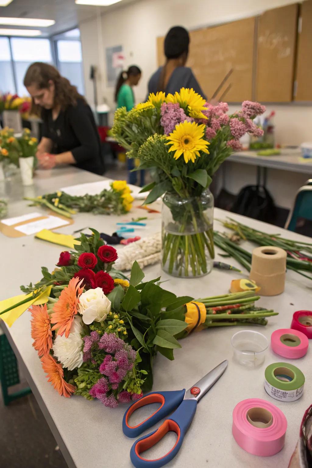 A creative and captivating floral arrangement instruction session
