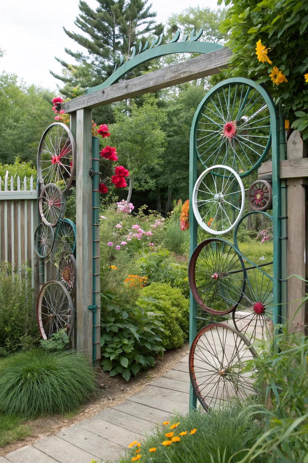 A creative gate showcasing repurposed bicycle circles.