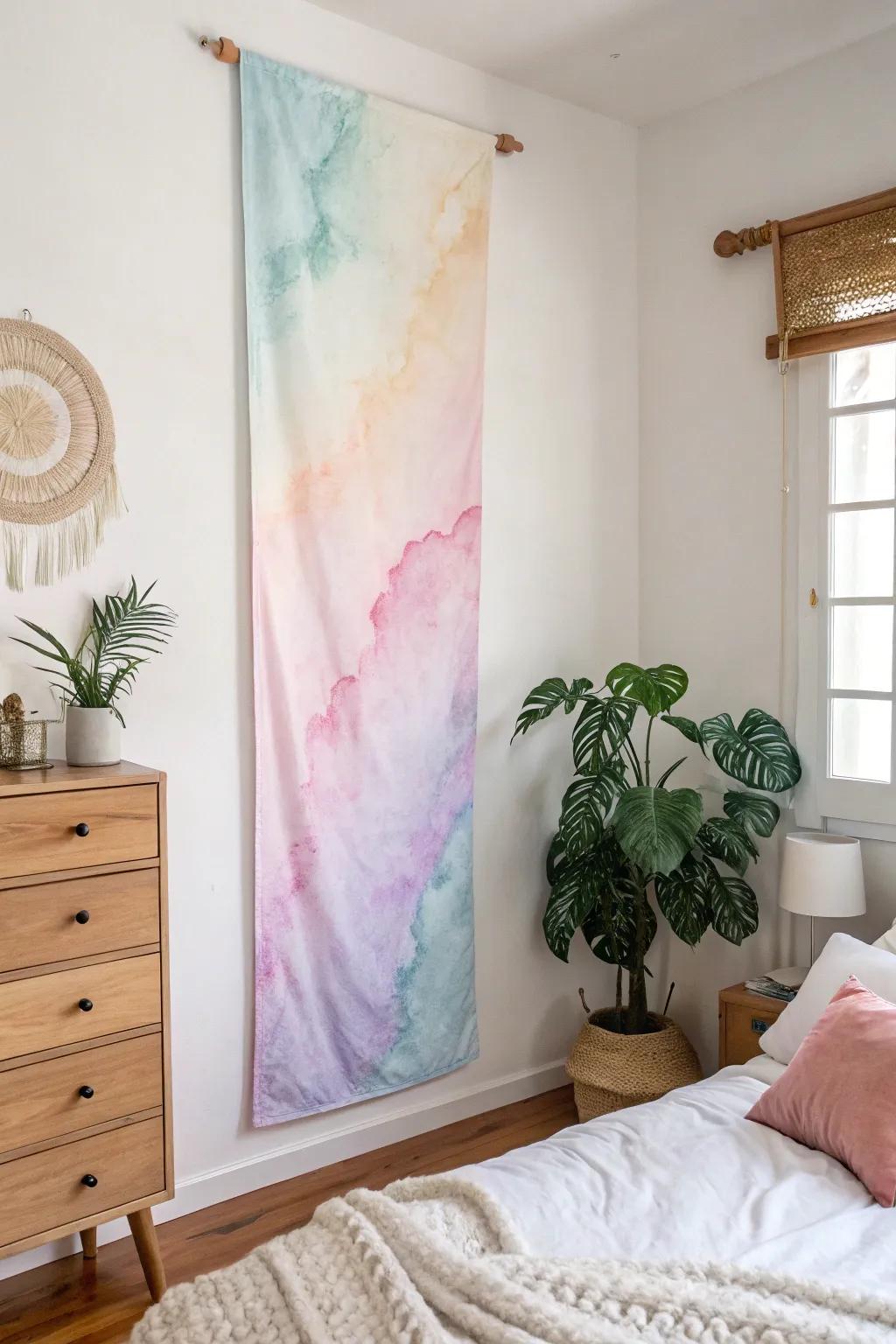 A bedroom is given a calming touch by abstract watercolors on a banner.