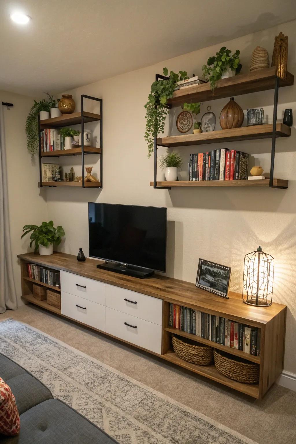Floating shelves provide storage and maintain an open feel
