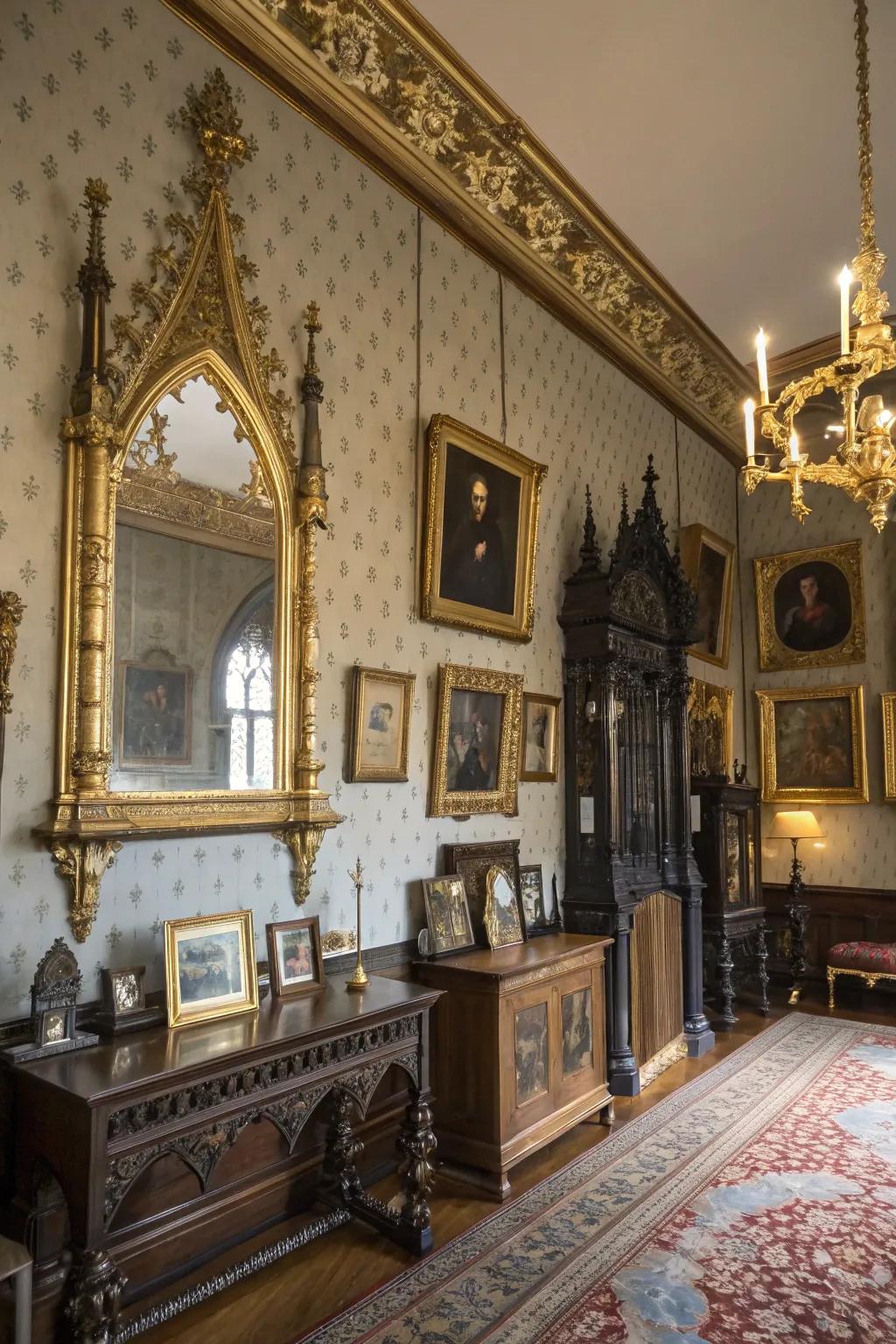 Gilded accessories enhance the chamber's opulent sensation.