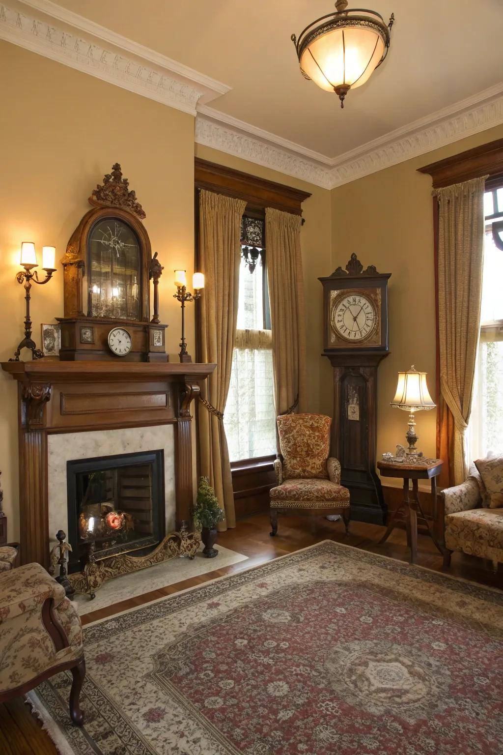 An antique clock introduces timeless charm and utility to the design.