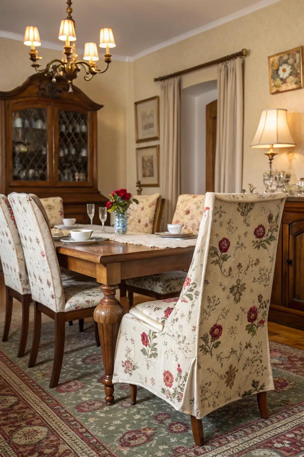 Vintage fabric rejuvenates these chairs with a fresh, nostalgic vibe.