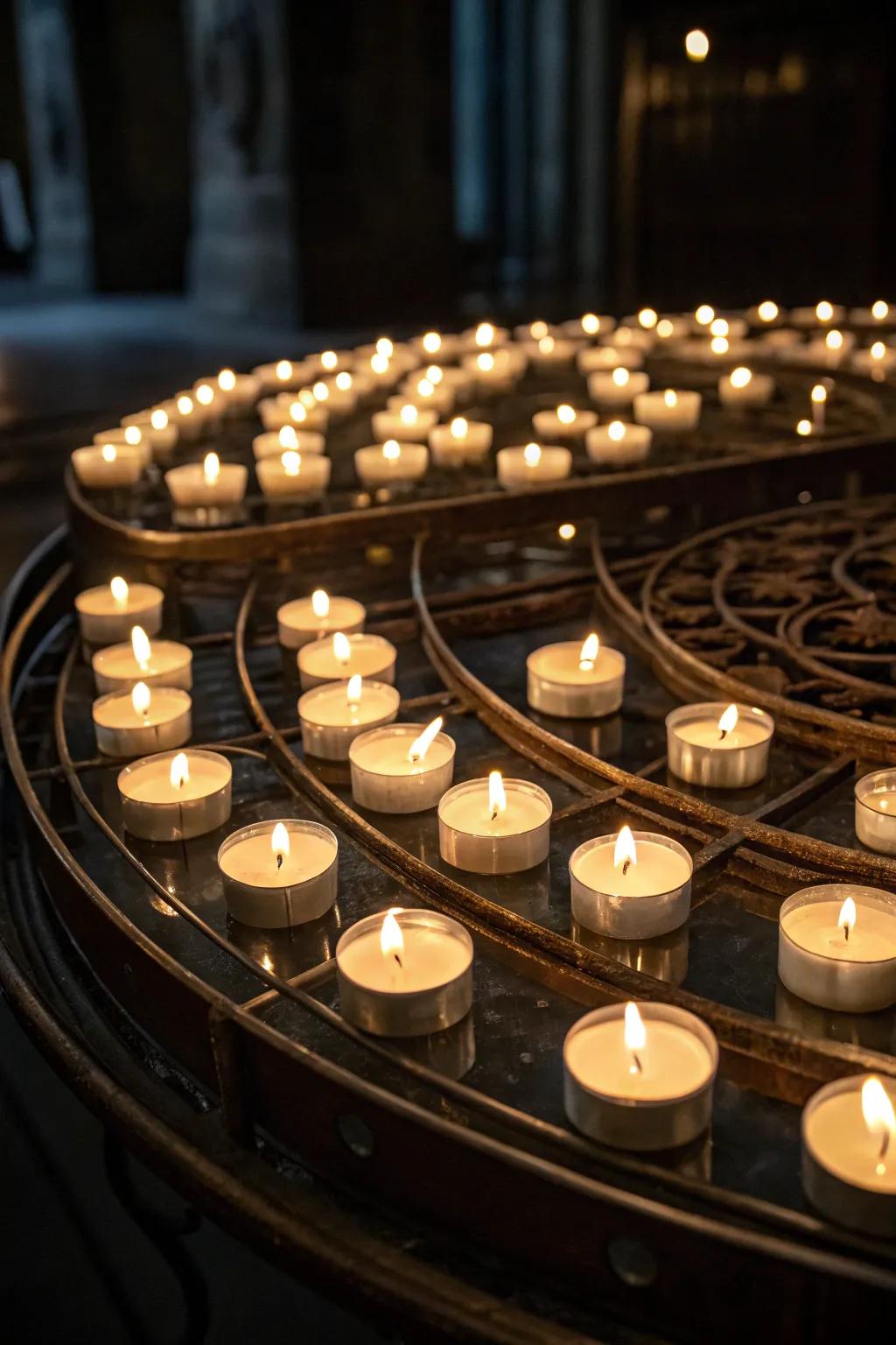Mirrored surfaces intensify the glow of votive candles.