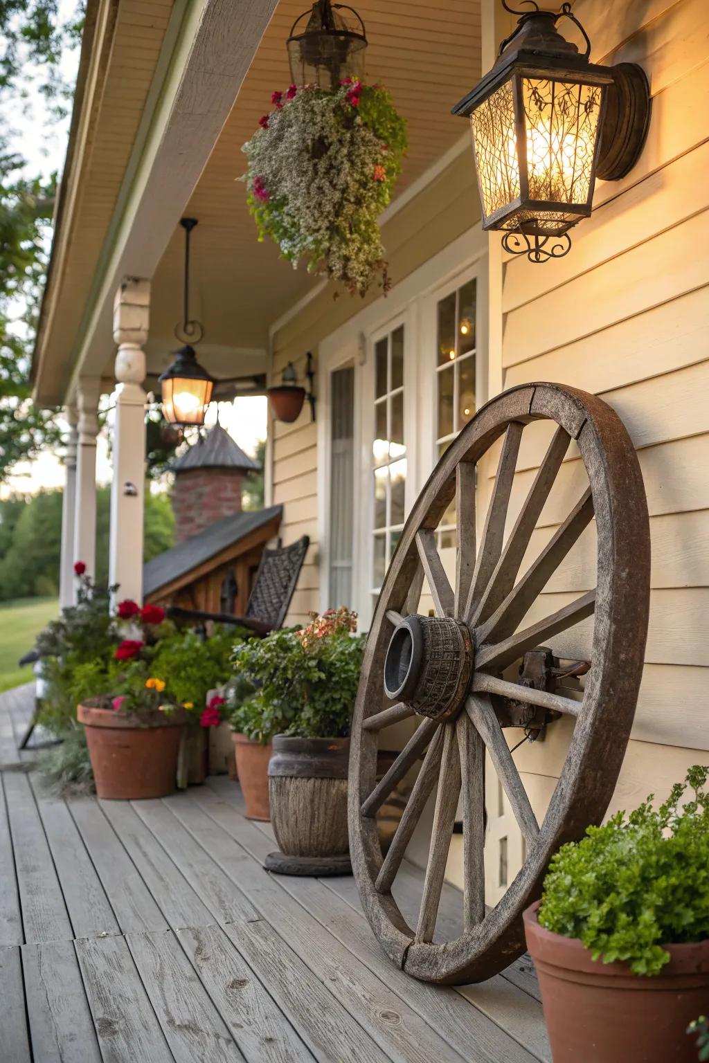 A cartwheel serving as the core of a welcoming entryway arrangement.