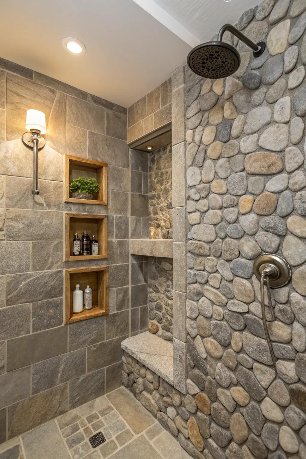 Rock shower with concealed alcoves for storage.