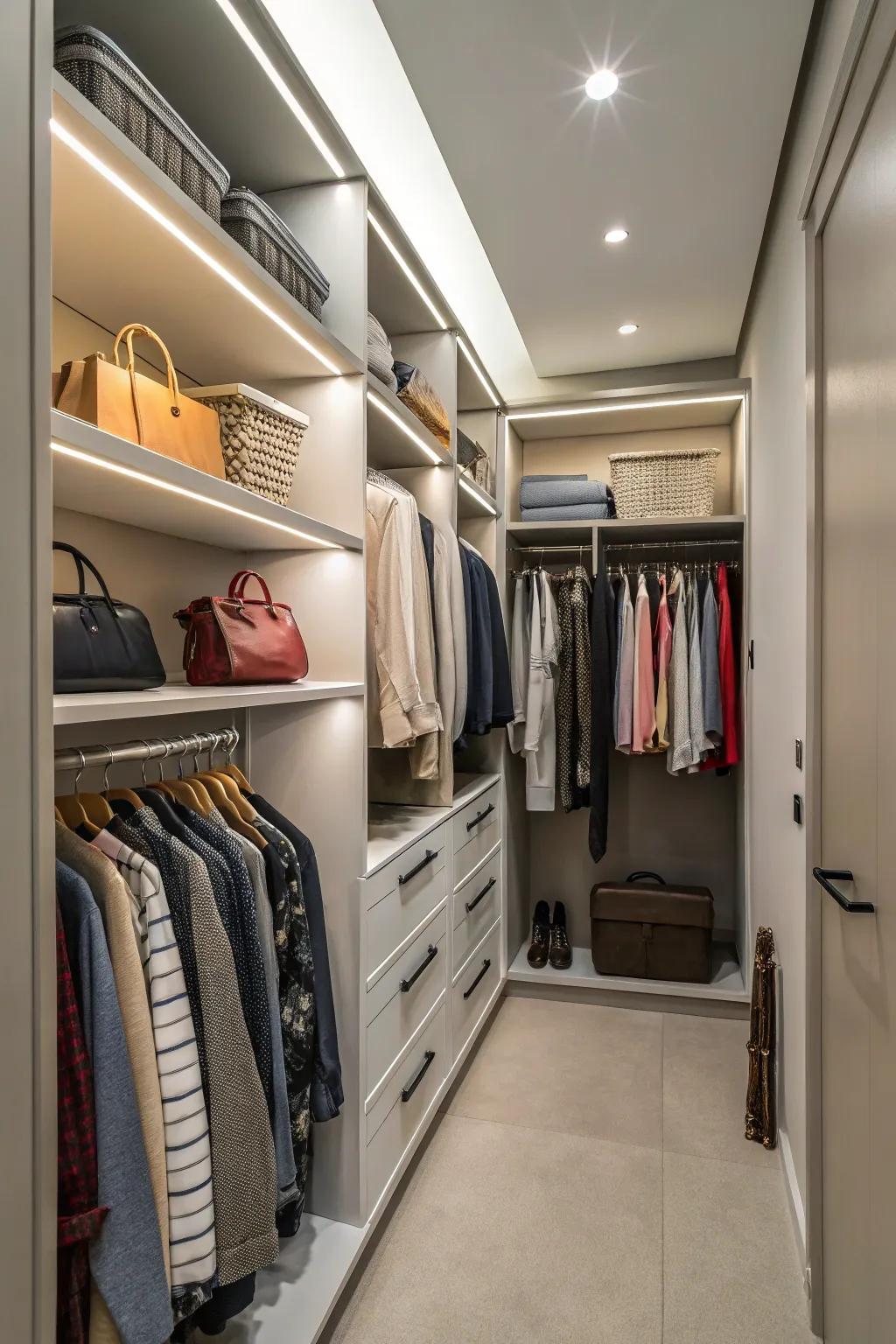 A walk-in closet optimized using vertical space with raised shelves and hooks.