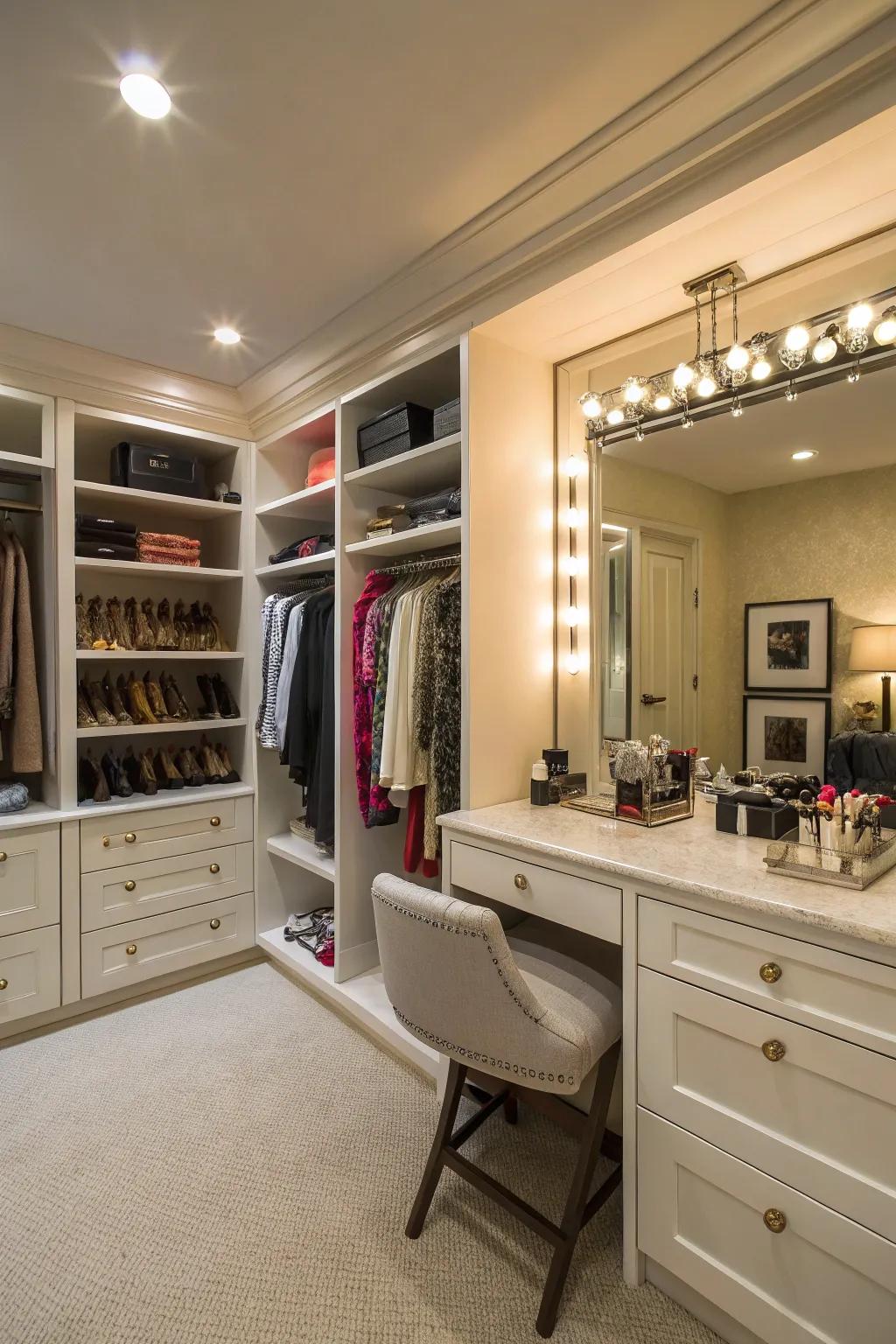 A vanity adds function and luxury to the closet.