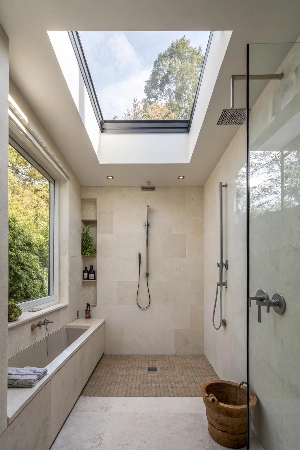 A roof window in a walk-in shower, delivering abundant natural light and complete privacy.