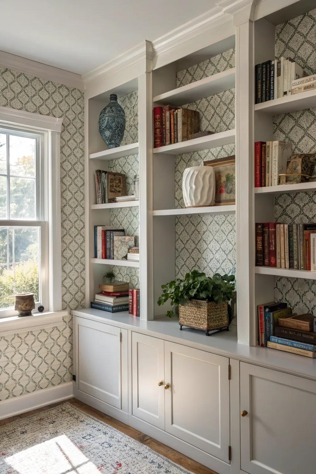 Wallpaper highlights add flair and visual interest to your bookshelves.