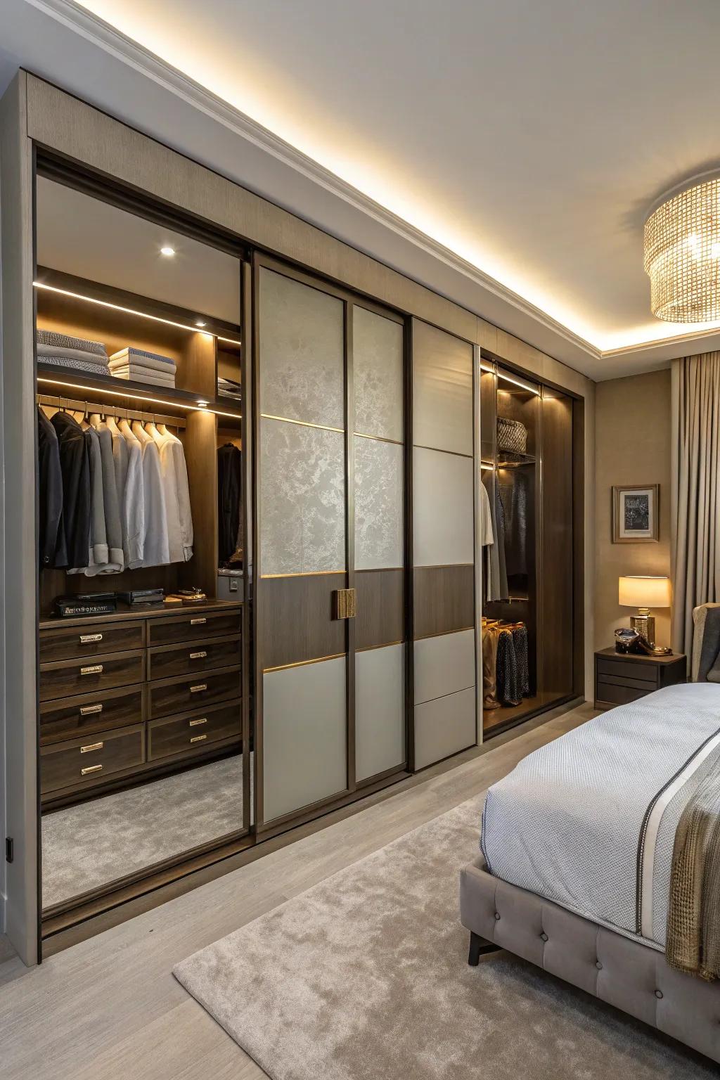 Hidden compartments provide security in stylish wall closets.