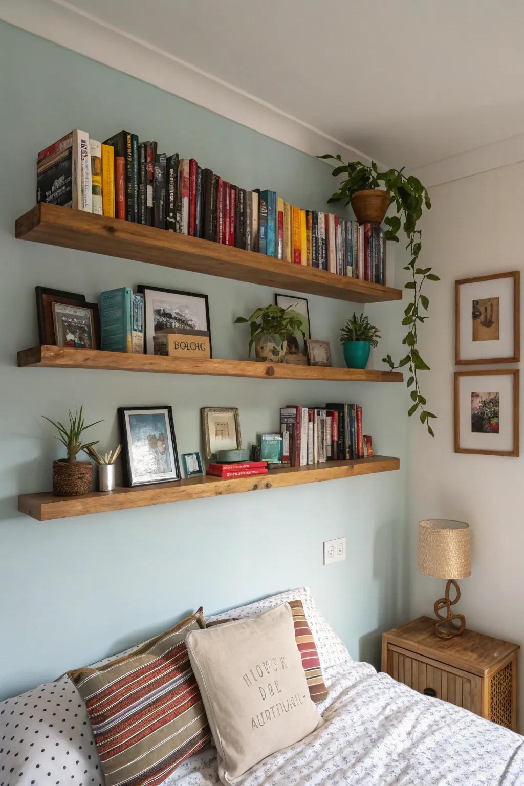 Ornamented shelves provide both aesthetic and practicality.