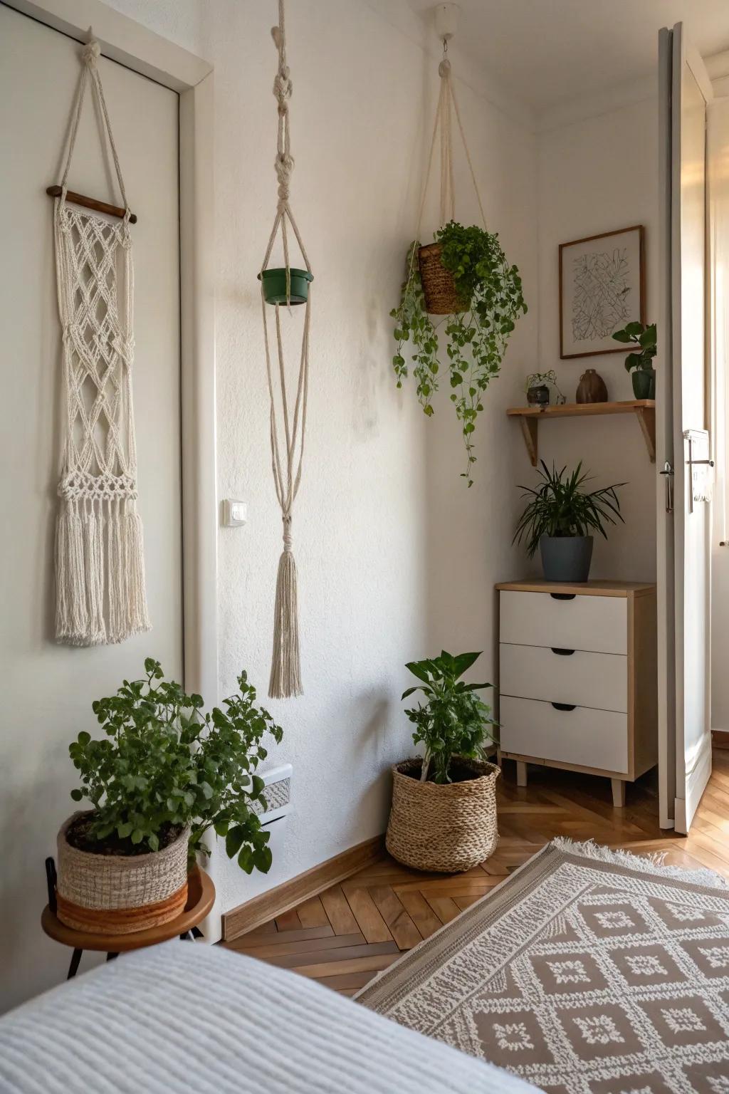 Macrame plant hangers work great in small spaces.
