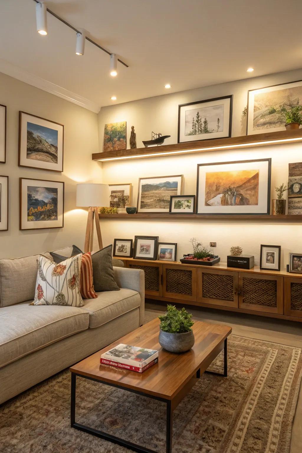 Display shelves offer adaptability for continually evolving art showcases.