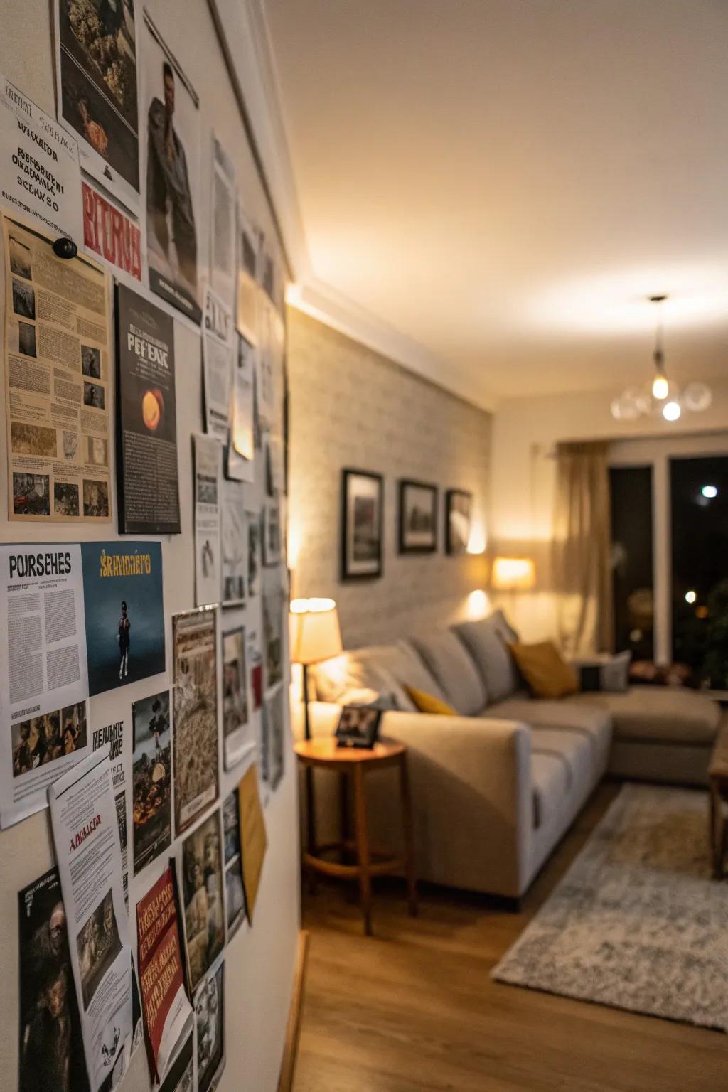Arranged posters amplify visual depth.