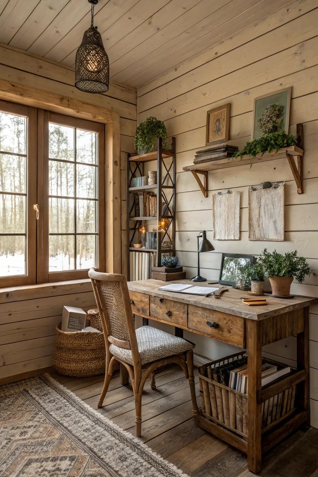 Lath walls contribute a countryside sensation to this home office.