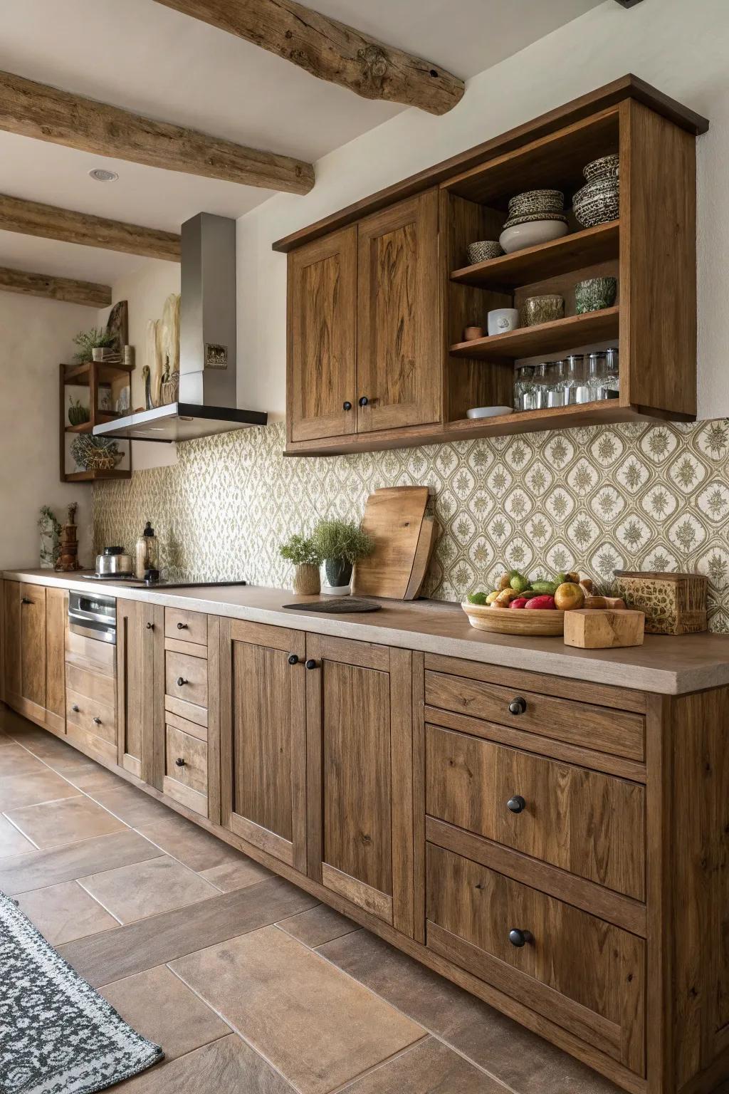 Untreated finishes highlight the rustic charm of walnut units.