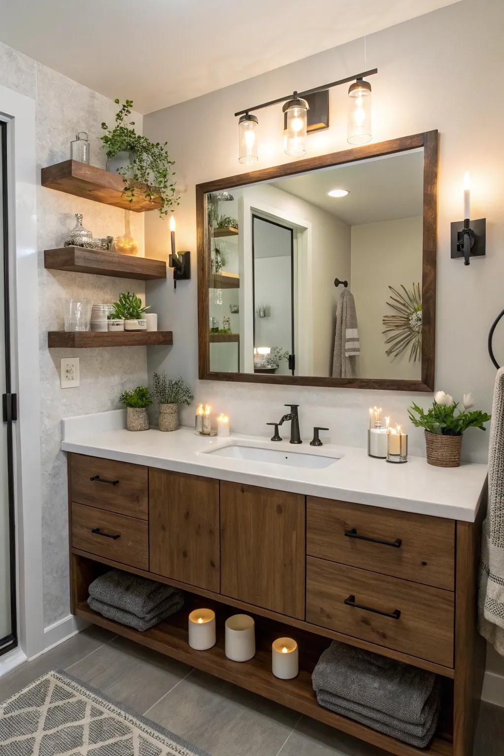 Amplify both functionality and flair by installing floating shelves in your bathroom.