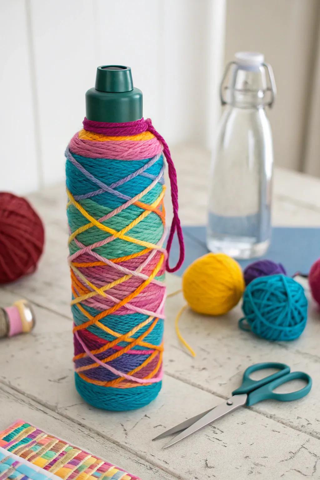 A spirited drinking bottle wrapped in vibrant yarn.
