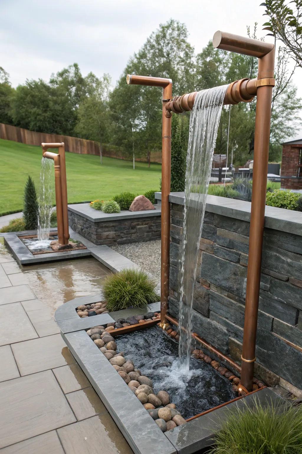 Copper conduits inject a sleek, modern aspect into your waterfall.